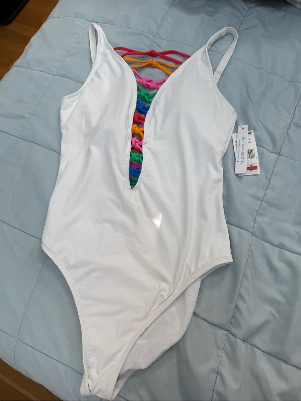 Bleu Rod Beattie White One-Piece with Rainbow Braided Back